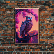 Load image into Gallery viewer, Cyberpunk Robot Owl, framed canvas print, Cybernetic android owl art, vaporwave aesthetic futuristic art
