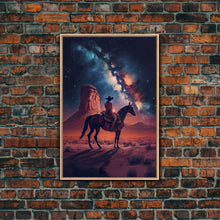 Cargar imagen en el visor de la galería, Cowboy contemplating the stars, framed canvas print, wild west art, western decor
