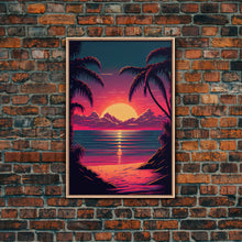 Load image into Gallery viewer, 8 bit pixel art sunset, synthwave style palm tree beach, framed canvas print, framed wall art painting

