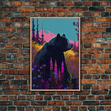 Carregar imagem no visualizador da galeria, Cute brown bear stopping to smell the flowers, animal prints, framed canvas print, colorful unique wall art
