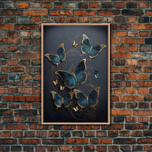 Load image into Gallery viewer, Blue Butterflies Canvas Print Wall Art, Blue and Gold Butterfly Canvas Painting, Butterfly Wall Decor, Home Gift, ready to hang decor
