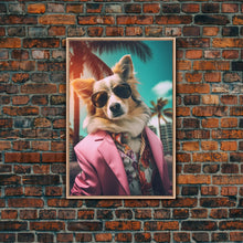Load image into Gallery viewer, Corgi Wall Print, Dog Wall Art, Dog Sunglasses, Pink Suit, Floral Shirt, Funny Art, Framed Wall Art, Framed Canvas, Wall Print, Wall Canvas
