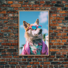 Load image into Gallery viewer, Corgi In Pink Suit Sunglasses Wall Print, Animal Print, Dog Portrait, Dog Art Print, Framed Wall Art, Framed Canvas, Wall Print, Wall Canvas
