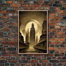 Load image into Gallery viewer, Dystopian Metropolis Art Deco Canvas Print, City Skyline, Fantasy Art, Art Deco Living Room Art, ready to hang wall art
