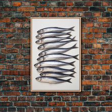 Load image into Gallery viewer, Sardines Art Print - Framed Canvas Art - Oil Painting Still Life Print - French Kitchen Art - Restaurant Art - Sardine Still Life - Fish Art
