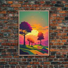 Load image into Gallery viewer, Retro Pop Art Landscape Art At Sunset, Framed Canvas Print, Outrun Style Trees and Sunset, Living Room Art
