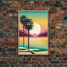 Load image into Gallery viewer, Framed Canvas Print - Art Deco Sunset Scene - Mountains, Palmtrees &amp; Beaches - Retro Style Art - Living Room Decor

