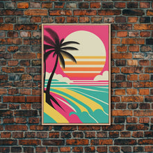 Load image into Gallery viewer, Framed Art Deco Canvas Print - Sunset Beach Scene, Minimalist Palms, Retro Style - Pink and Turquoise Vaporwave Art
