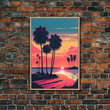Load image into Gallery viewer, Framed Canvas Print - Art Deco Sunset, Beaches, Minimalist Palm Trees, Retro Synthwave, Vaporwave, 80s Vibes, Gamer Art, Bar Decor
