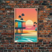 Carregar imagem no visualizador da galeria, Art Deco Sunset Beach Canvas Print, Minimalist Retro Palmtree Vibe, Vaporwave Art, 80s Retro Vibes, Miami Inspired Art
