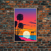 Load image into Gallery viewer, Framed Canvas Print - Art Deco Sunset, Beaches, Minimalist, Palmtrees, Retro Style, Synthwave, Vaporwave, 80s Style Decor, Palme Trees
