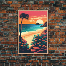 Load image into Gallery viewer, Framed Canvas Print | Art Deco Sunset, Beach, Palm Trees, Retro Style, Synthwave, Vaporwave, Island Vibes, Minimalist Beach Art
