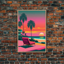 Load image into Gallery viewer, Framed Canvas Print – Art Deco Sunset Beach, Minimalist, Retro, Palm Trees, Synthwave, Vaporwave, Island Vibes, Lounging, Synthwave Deco
