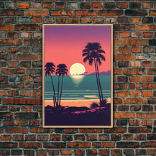 Load image into Gallery viewer, Framed Canvas Print - Art Deco Sunset, Palm Trees, Synthwave Vibes, Beach Decor, Vaporwave Pink Art, Miami Vibes

