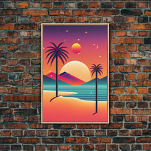 Carregar imagem no visualizador da galeria, Framed Canvas Print | Art Deco Sunset | Retro Style | Palm Trees | Island Vibes | Desert Pyramids and Palm Trees | Desert Art
