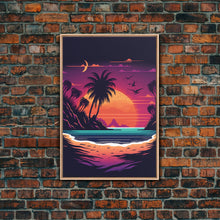 Load image into Gallery viewer, Framed Canvas Print - Pop Art Style Beach at Sunset with Palm Trees - Retro Style - Living Room / Office / Bedroom Wall Art
