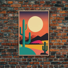 Load image into Gallery viewer, Pop Art Framed Canvas Print of Desert Landscape at Sunset, Outrun Style Sunset Full Moon Art, Unique 80s Vibe Retro Art, Art Deco
