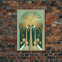 Load image into Gallery viewer, Boho Modern Frank Lloyd Wright-inspired Art Deco Canvas Print, Emerald Green and Gold Palm Tree, wall decor, wall art original, MCM Art
