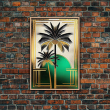 Load image into Gallery viewer, Boho Modern Frank Lloyd Wright-inspired Art Deco Canvas Print, Emerald Green and Gold Palm Tree, wall decor, wall art original, MCM Art
