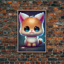 Load image into Gallery viewer, Cute Kawaii Kitten, Anime Style Art, Framed Canvas Print, Framed Art, Cat Portrait, Cartoon Cat, Kawaii Artwork
