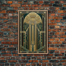Carregar imagem no visualizador da galeria, Art Deco Wall art | Framed Canvas Print | Art Deco | Gold &amp; green art | Beautiful art | Midcentury Modern | Office decor | Stained glass art

