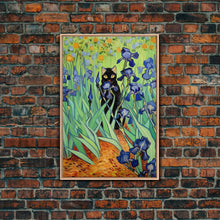 Carregar imagem no visualizador da galeria, Funny Cat Print, Vincent Van Gogh Inspired Irises Black Cat Wall Art, Framed Canvas Print, Poster Art, Funny Gift, Home Decor Wall Art
