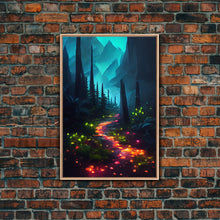 Load image into Gallery viewer, Luminescent magical forest canvas print, glowing trail though the trees, fantasy art
