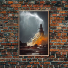 Load image into Gallery viewer, Lighthouse Oil Painting Canvas Print, Light house landscape print, Lighthouse in a storm with lightning and thunder, waves crashing
