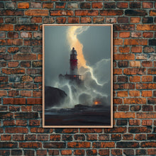Load image into Gallery viewer, Lighthouse Oil Painting Canvas Print, Lightning striking a lighthouse during a dark stormy night, gloomy wall art
