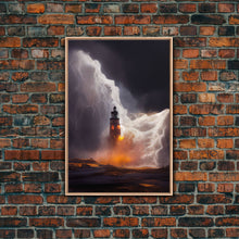 Load image into Gallery viewer, Lightning striking a burning lighthouse, canvas print, oil painting style, dark and gloomy wall art
