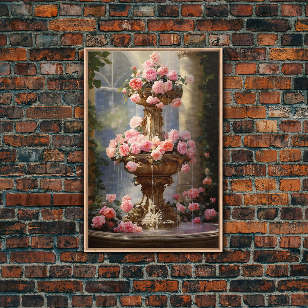 Fountain Wall Print, Pink Roses Wall Art, Flower Art Print, Canvas Print, Wall Art, Vertical Print, Botanical Art, Country Home Decor