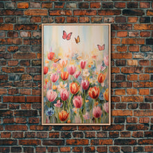 Load image into Gallery viewer, Tulip Field Wall Art, Flower Wall Print, Colorful Art, Butterfly Art, Canvas Print, Wall Art, Vertical Print, Birthday Gift, House Wall Art
