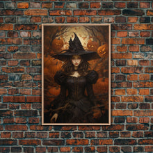 Load image into Gallery viewer, Beautiful Gothic Witch Art, Framed Halloween Canvas, Canvas Print, Spooky Halloween Wall Art, Halloween Deco, Witchy Art Pumpkin Patch Witch
