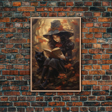 Carregar imagem no visualizador da galeria, Cute Little Witch Reading Spells To Her Black Cat Familiar, Vintage Halloween Art, Framed Canvas Print, Halloween Canvas Art, Witchcraft
