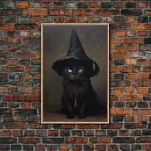 Carregar imagem no visualizador da galeria, Cute Witch&#39;s Familiar Cat Halloween Art, Cat Witch, Cat Painting, Cute Cat Print, Halloween Decor, Black Cat Print, Framed Canvas / Canvas
