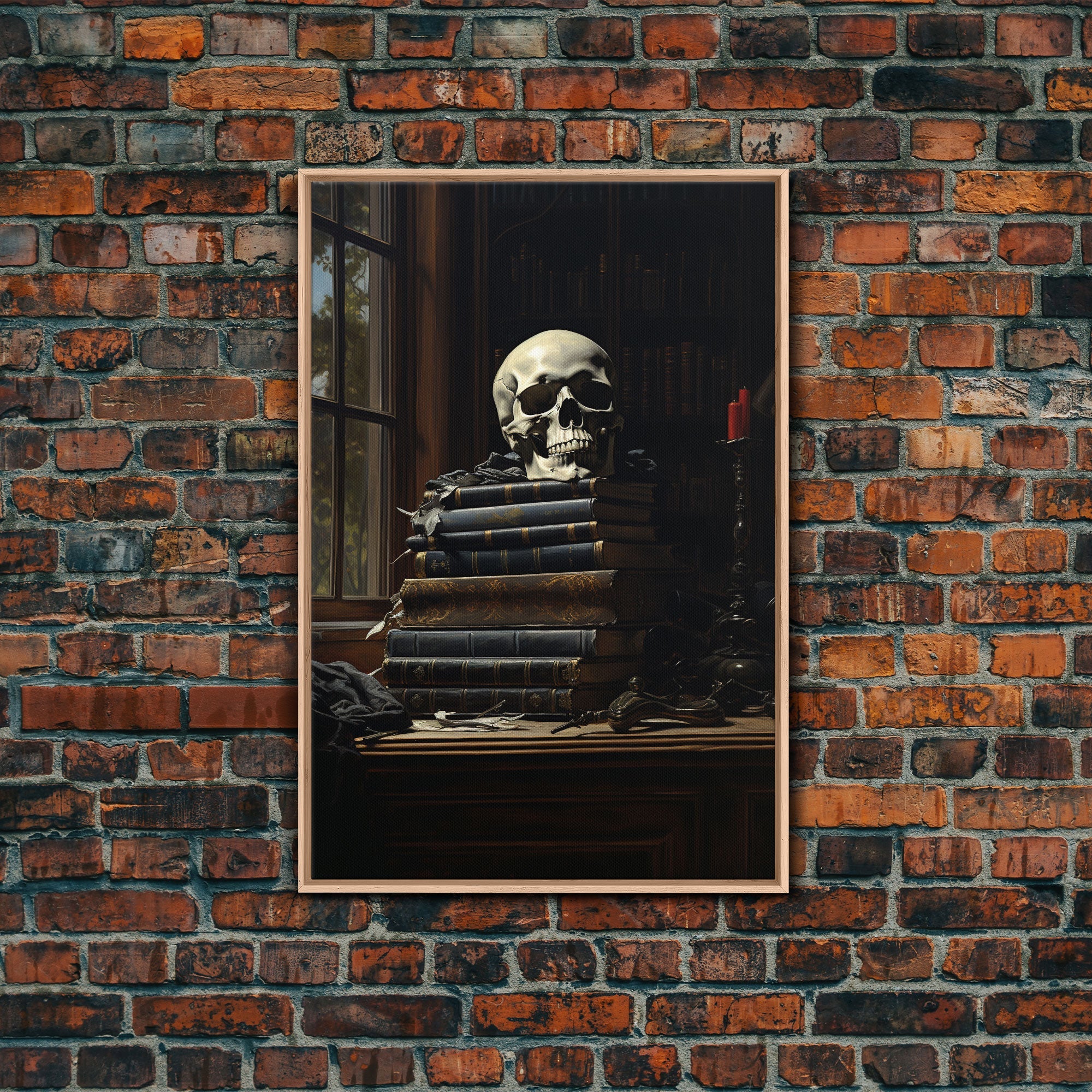 レア/SKOLOCT/CANVAS/ART/3 Gothic Victorian Book Shelf With Skull, Vintage Canvas, Art Canvas Pri