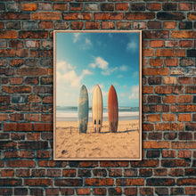 Load image into Gallery viewer, Surf Board Art, Framed Canvas Print, Surf Decor, Surf Art, Surfboard Wall Art, Surf Wall Art, Surf Poster, Surf Board Decor, Beach House Art
