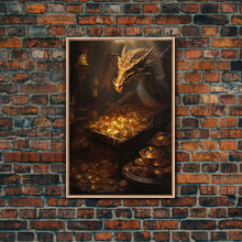 Load image into Gallery viewer, Dragon Art, Fantasy Art, Treasure Chest, Canvas Print, Wall Hanging, Portrait Art, Video Game Art, Nerdy Home Decor, Gift For Friend
