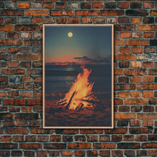 Carregar imagem no visualizador da galeria, Beach Campfire Under A Full Moon, Photography Print, Framed Canvas Print, Beach House Decor, Coastal Decor, Beach Print, Beach Art
