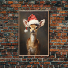 Cargar imagen en el visor de la galería, Cute Deer Wearing A Santa Hat, Christmas Decor, Woodland Animals, Christmas Wall Art, Winter Decor, Holiday Decor, Seasonal Decor
