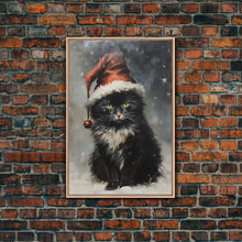 Carregar imagem no visualizador da galeria, Black Christmas Cat Wearing A Santa Hat, Framed Canvas Print, Christmas Decor, Xmas Wall Art, Holiday Decor, Seasonal Wall Decor
