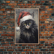 Cargar imagen en el visor de la galería, Christmas Cat In His Christmas Hat, Framed Canvas Print, Holiday Decor, Framed Canvas Print, Seasonal Wall Art
