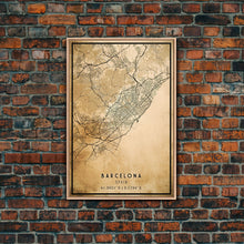 Load image into Gallery viewer, Barcelona Spain map print poster or framed canvas, Barcelona map print poster canvas, Spain city map print poster canvas, Vintage Travel Art
