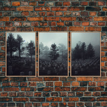 Load image into Gallery viewer, Spooky haunted graveyard at night, art for witches, 3 piece canvas, 3 piece wall art, cemetery art
