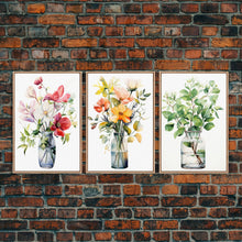 Load image into Gallery viewer, 3 Piece Set, Cute Kawaii Floral Print, Flowers In Vases, Framed Wall Art, Canvas Print, Botanical Wall Decor, Boho Kitchen Art, French Art
