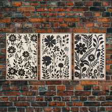Carregar imagem no visualizador da galeria, Black and White Floral Print, 3 Piece Framed Canvas Art, Boho Rustic Farmhouse Decor, Living Room Art, Minimalist Wall Art
