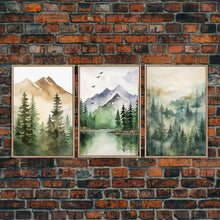 Cargar imagen en el visor de la galería, Triptych Framed Canvas Wall Art Set of 3 Green Forest Mountain Nature Landscape Prints Minimalist Modern Art, Woodland Nursery Decor

