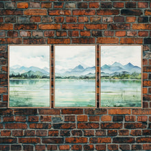 Load image into Gallery viewer, Framed Canvas Wall Art Set of 3 Mint Green Forest Mountain Nature Landscape Prints Minimalist Modern Art Woodland Nursery Wall Art
