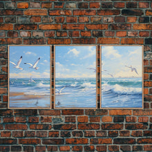 Carregar imagem no visualizador da galeria, Beautiful Seagulls Over An Ocean Beach At Sunset 3 Piece Canvas Print Wall Art, Above Sofa Art, Modern Art, Minimalism Lakehouse Decor
