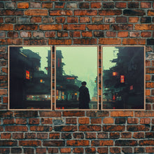 Load image into Gallery viewer, 80s Style Cyberpunk Tokyo, Retrofuturism, Dystopian art, 3 piece wall art, 3 piece canvas print
